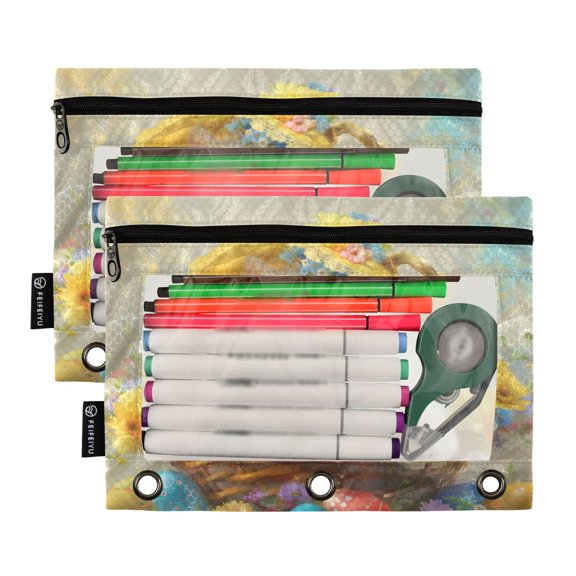 2 Pack Pencil Pouch for 3 Ring Binder Smooth Zipper Folders with Pockets Clear Window Pencil Case Easter Egg with Cat