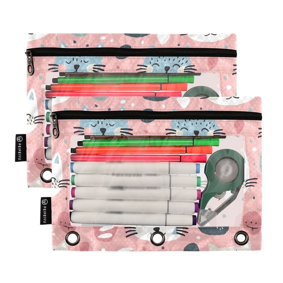 2 Pack Pencil Pouch for 3 Ring Binder Smooth Zipper Folders with Pockets Clear Window Pencil Case Hand Drawn Cute Cat