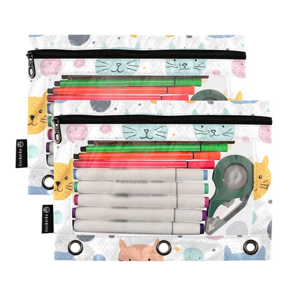 2 Pack Pencil Pouch for 3 Ring Binder Smooth Zipper Folders with Pockets Clear Window Pencil Case Hand Paint Cat Face
