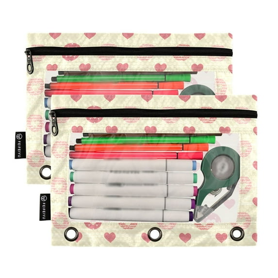 2 Pack Pencil Pouch for 3 Ring Binder Smooth Zipper Folders with Pockets Clear Window Pencil Case Heart and Circle