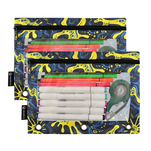 2 Pack Pencil Pouch for 3 Ring Binder Smooth Zipper Folders with Pockets Clear Window Pencil Case Light Blue Yellow Splashes