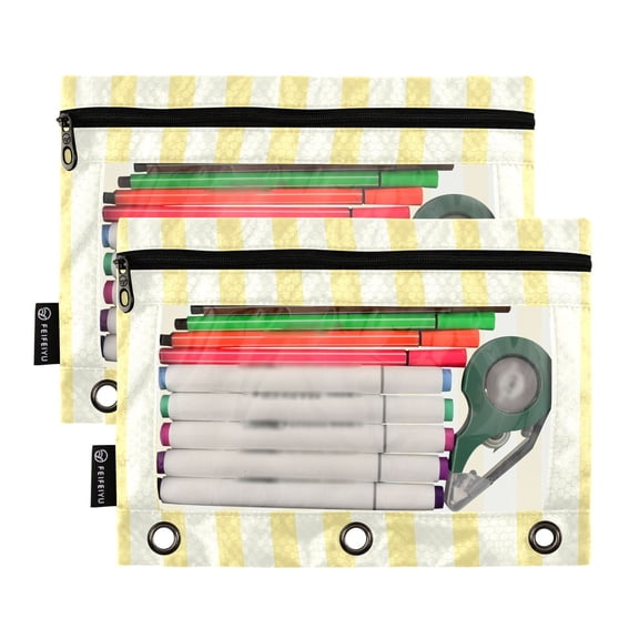 2 Pack Pencil Pouch for 3 Ring Binder Smooth Zipper Folders with Pockets Clear Window Pencil Case Light Yellow and Off-white Striped