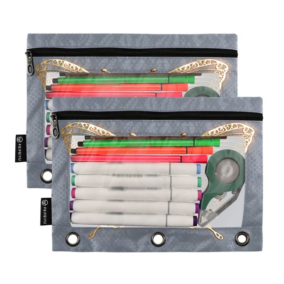 2 Pack Pencil Pouch for 3 Ring Binder Smooth Zipper Folders with Pockets Clear Window Pencil Case Luxury Butterfly