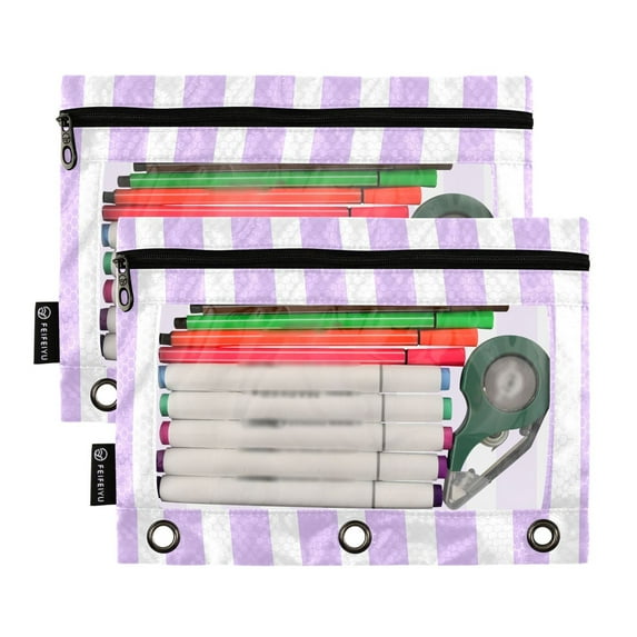 2 Pack Pencil Pouch for 3 Ring Binder Smooth Zipper Folders with Pockets Clear Window Pencil Case Pale Violet and White Striped