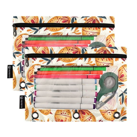 2 Pack Pencil Pouch for 3 Ring Binder Smooth Zipper Folders with Pockets Clear Window Pencil Case Potatoes Folk Art