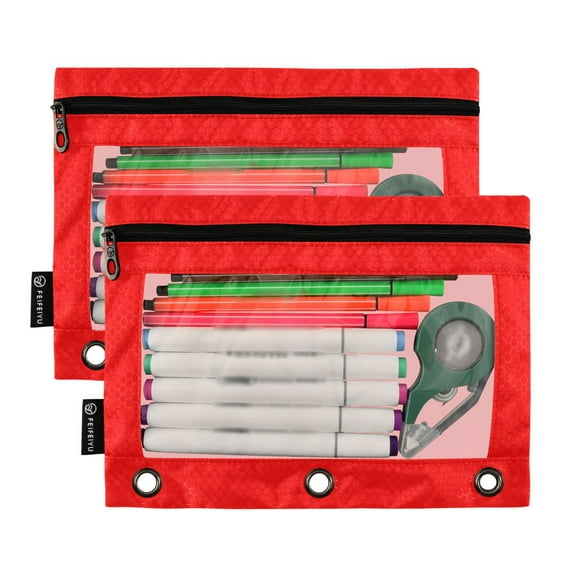 2 Pack Pencil Pouch for 3 Ring Binder Smooth Zipper Folders with Pockets Clear Window Pencil Case Red