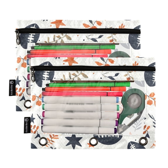 2 Pack Pencil Pouch for 3 Ring Binder Smooth Zipper Folders with Pockets Clear Window Pencil Case Rugby Star Leaves