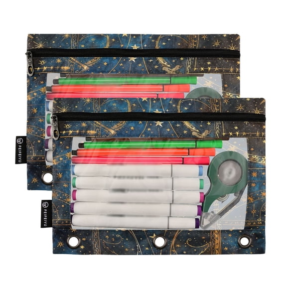 2 Pack Pencil Pouch for 3 Ring Binder Smooth Zipper Folders with Pockets Clear Window Pencil Case Star Line