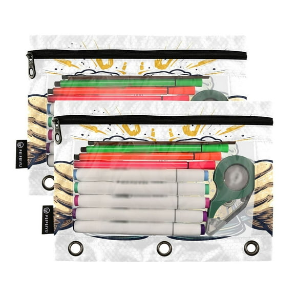 2 Pack Pencil Pouch for 3 Ring Binder Smooth Zipper Folders with Pockets Clear Window Pencil Case Two Hands Clinking Beer Mugs