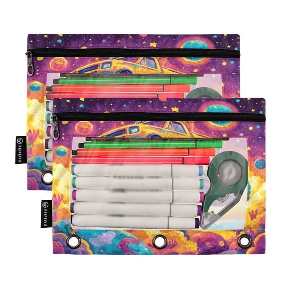 2 Pack Pencil Pouch for 3 Ring Binder Smooth Zipper Folders with Pockets Clear Window Pencil Case Vibrant Monster Truck