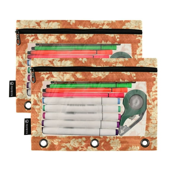 2 Pack Pencil Pouch for 3 Ring Binder Smooth Zipper Folders with Pockets Clear Window Pencil Case Vintage Flora Patterned