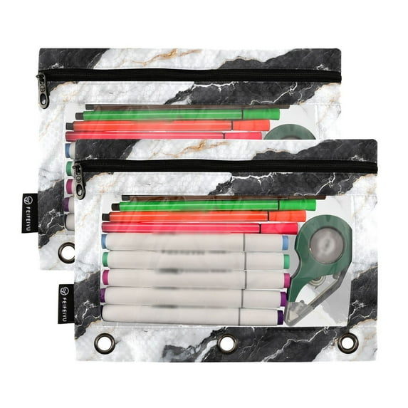 2 Pack Pencil Pouch for 3 Ring Binder Smooth Zipper Folders with Pockets Clear Window Pencil Case White Black Marble Texture