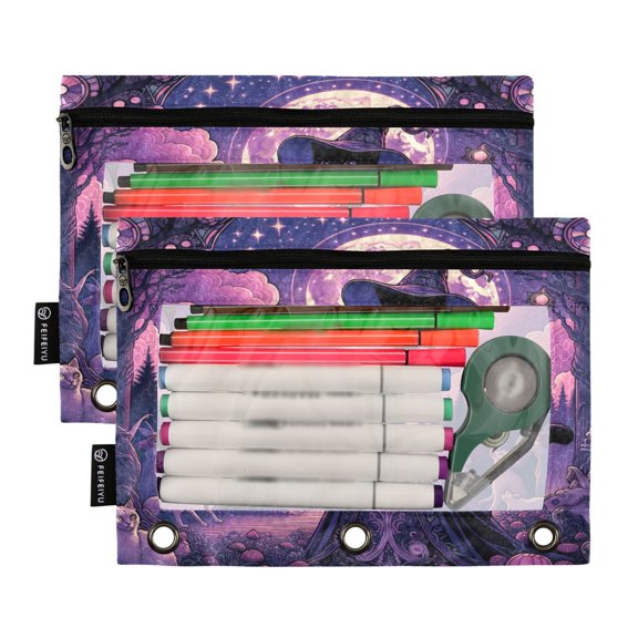 2 Pack Pencil Pouch for 3 Ring Binder Smooth Zipper Folders with Pockets Clear Window Pencil Case Wizard Cat with Moon