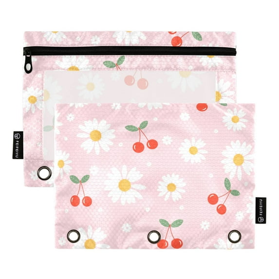 2 Pack Pencil Pouch for 3 Ring Binder Zipper Pencil Case Cherry Pink and Daisy Flower Clear Window Pencil Bag Organizers