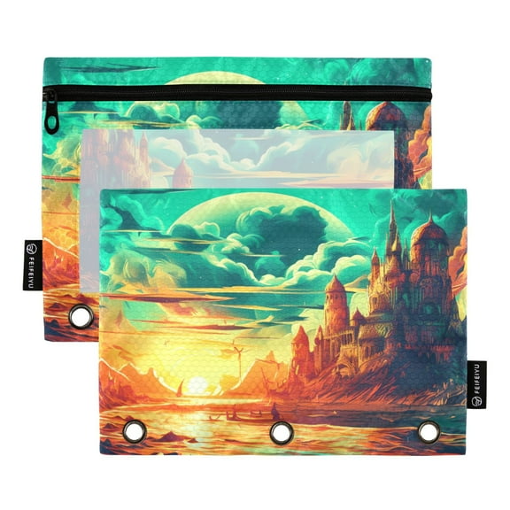 2 Pack Pencil Pouch for 3 Ring Binder Zipper Pencil Case Magic Sunset Pattern Clear Window Pencil Bag Organizers