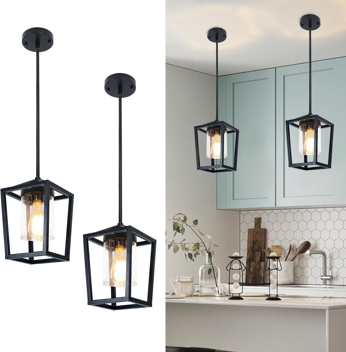2 Pack Pendant Lights Kitchen Island, Black Farmhouse Lantern Pendant