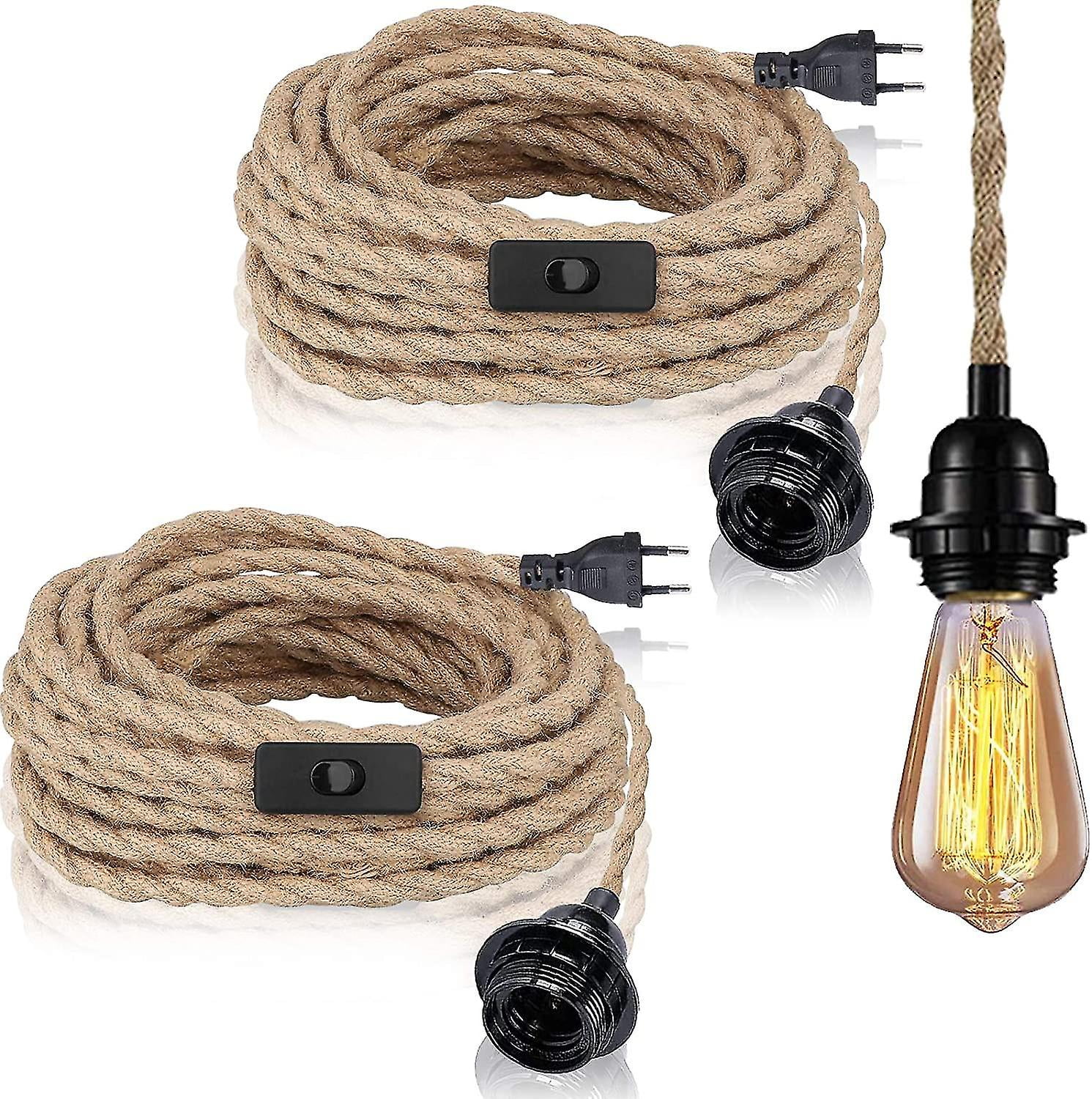 2 Pack Pendant Lights With Switch Hemp Rope With 4.5m Cable E27 Socket