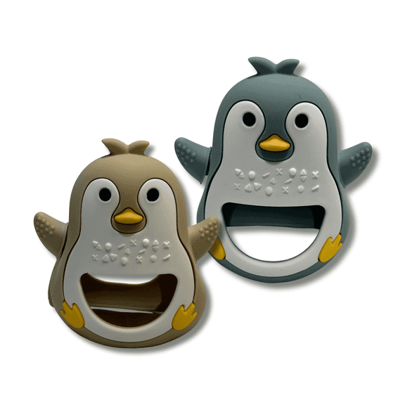 2 Pack Penguin Silicone Teether-BPA Free Silicone, Easy Grip & Safe, Soft Silicone, Beige & Blue