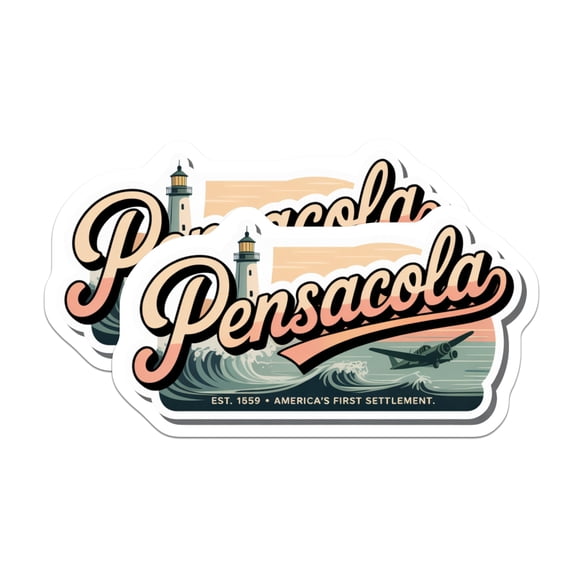 (2 Pack) Pensacola Florida Stickers - Travel Souvenir Sticker - Retro Airplane Lighthouse Decal - 5" On Longest Side - Sticks to Smooth Flat Surfaces - Made in USA - BMCS18839