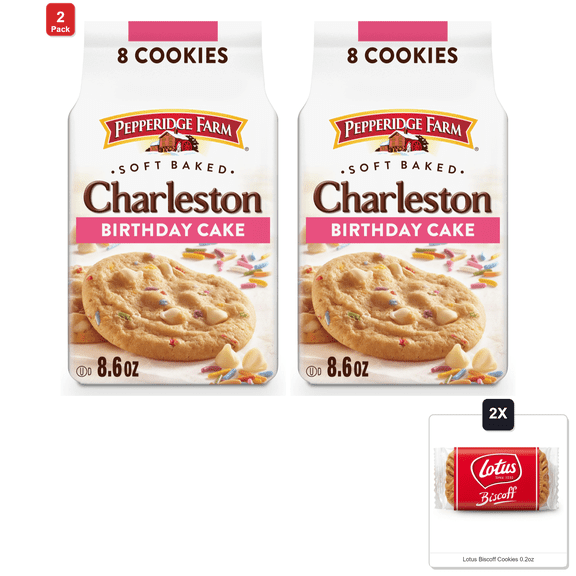 2 Pack | Pepperidge Farm Charleston Birthday Cake Cookies, 8 Soft Baked Cookies, 8.6 Oz. Bag & 2x Lotus Biscoff Cookies 0.2oz