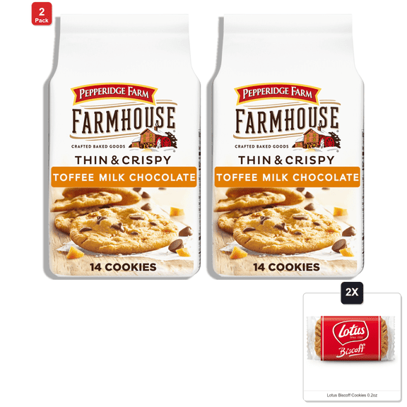 2 Pack | Pepperidge Farm Farmhouse Thin & Crispy Toffee Milk Chocolate Cookies, 6.9 Oz. Bag & 2x Lotus Biscoff Cookies 0.2oz