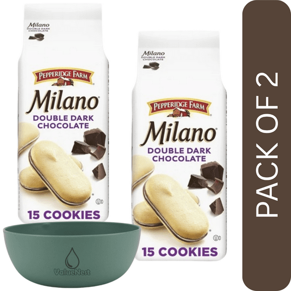 2 Pack Of Pepperidge Farm Milano Double Dark Chocolate Cookies, 15 Count, 7.5 oz Bag  Crisp Sandwich Cookies with Rich Double Chocolate, With Olive Green Bowl By ValueNest