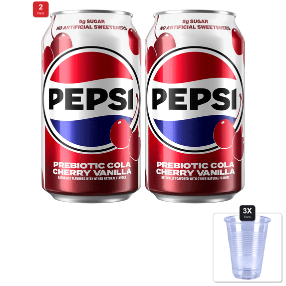 2 Pack | Pepsi Prebiotic Cola, Cherry Vanilla, 12 Fl Oz Can, 30 Calories, 5G Prebiotic Fiber, 5G Sugar, Soda Pop Cola & 3x 9oz Disposable Plastic Cups