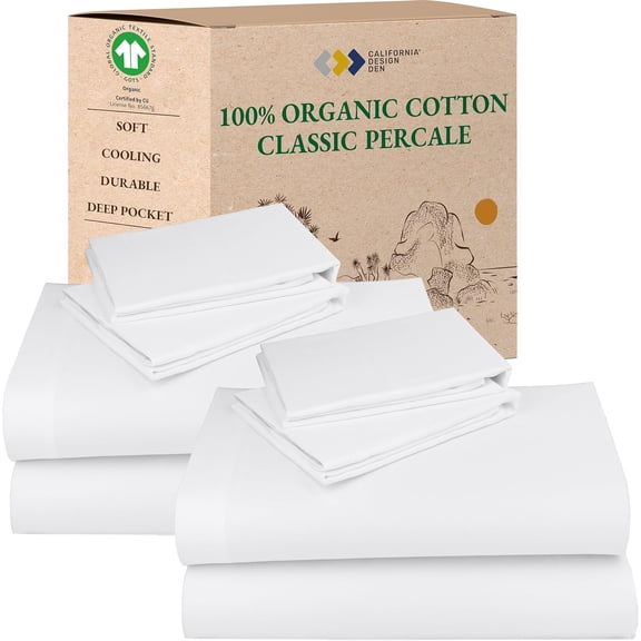 2-Pack Percale Sheets Queen Size Set - 100% Organic Cotton Sheets, Deep Pockets, Crisp, Breathable and Lightweight Bedding Set - White