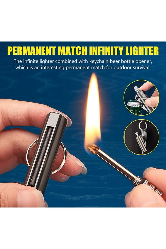 2 Pack Permanent Match Infinity Lighter, Multitool Keychain Bottle Opener for Men, Reusable Waterproof Metal Match Strike Anywhere, Forever Flint Fire Starter for Outdoor Survival,Style3