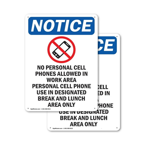 (2 Pack) No Personal Cell Phones OSHA Notice Sign 7 Inch X 10 Inch Plastic Sign, Weather Resistant, UV Protected for Workplace, Business, and Construction Site, Made in the USA