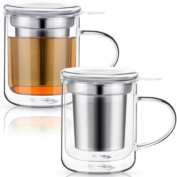 2 Pack Personal Tea Maker Bulk - Insulated Heatproof Glass Cup with Loose Tea Infuser and Lid/coaster - Connoisseur's Choice - 8 oz Borosilicate Glass Infusion Mug