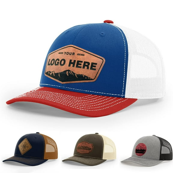 2-Pack Personalized Custom 112 Style Trucker Leather Patch Hat for Men & Women, 6 Panel Structured Baseball Cap with Snapback Enclosure, Engraved Gift For Him & Her