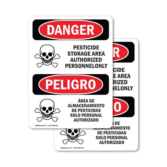 (2 Pack) Pesticide Storage Area Bilingual OSHA Danger Sign 5 Inch X 3.5 Inch Vinyl Label Decal Sticker Weather Resistant, UV Protected for Workplace, Business, and Construction Site,