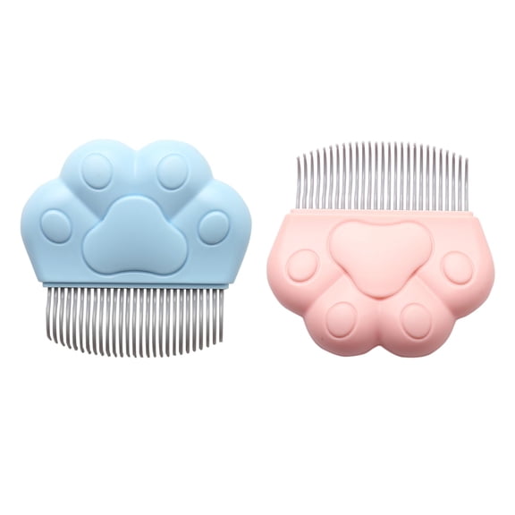 2 Pack Pet Grooming Comb Paw Shape Brushes for Cats & Dogs, Portable Blue & Pink Massage Comb with Ergonomic Handle for Shedding, Loose Fur & Tangles