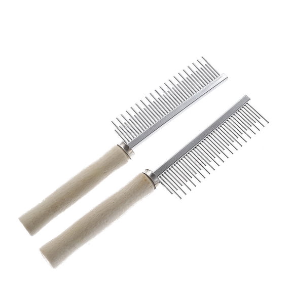 2-Pack Pet Grooming Comb, Wooden Handle Stainless Steel Tooth Comb for Long Hair Dogs & Cats, Loosens & Removes Mats Tangles Knots Debris