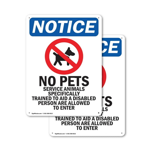 (2 Pack) No Pets Service Animals OSHA Notice Sign 10 Inch X 14 Inch Plastic Sign, Weather Resistant, UV Protected for Workplace, Business, and Construction Site, Made in the USA
