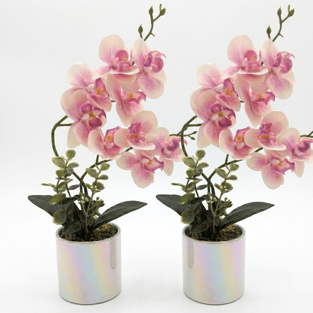 CasaVibe 2-Pack Phalaenopsis Orchids Artificial Potted Plants, Realistic Faux Blooms Lifelike Artificial Flowers with Bendable Stems & Iridescent Ceramic Plant Container for Home Decor