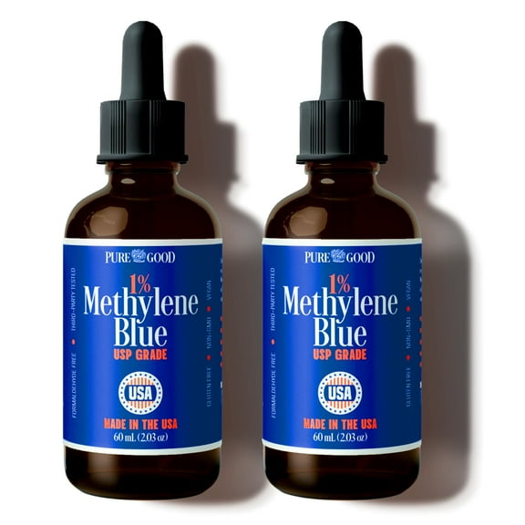 2 Pack Pharmaceutical Grade Methylene Blue 1% (60 mL), Third-Party Tested USP-Grade Methylene Blue for Humans, Formaldehyde and Alcohol Free Methylene Blue Pharmaceutical Grade in Amber Dropper Bottle