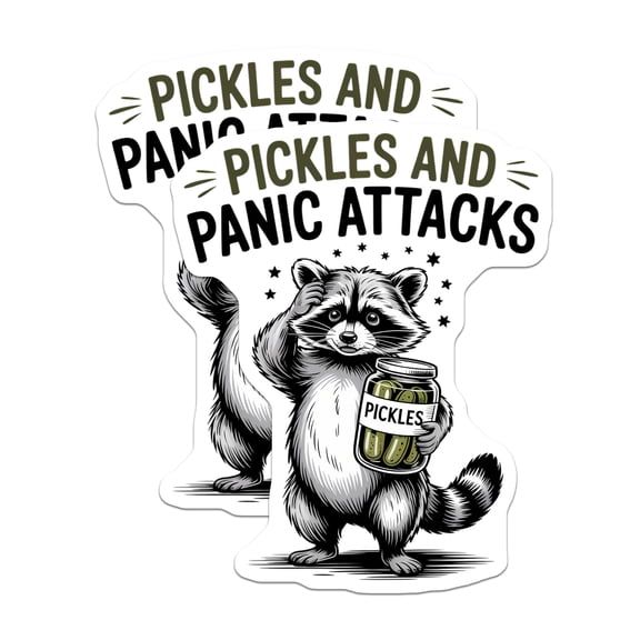 (2 Pack) Pickles Panic Attacks Stickers - Funny Raccoon Humor - Mental Health Awareness - 5" On Longest Side - Sticks to Smooth Flat Surfaces - Made in USA - BMCS20384