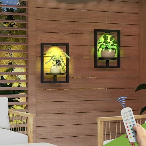2 Pack Picture Frame Wall Plant Holder with 15 Lighst,Metal Window Plant ShelfModern Floating Plant Stand for Indoor Outdoor Patio Balcony Garden Living Room Bedroom$$Garden & Patio