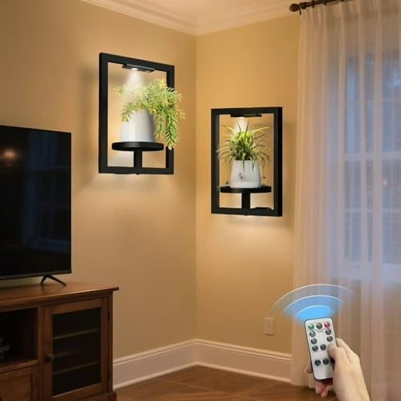 2 Pack Picture Frame Wall Plant Holder with Light,Metal Window Plant ShelfModern Floating Plant Stand for Indoor Outdoor Patio Balcony Garden Living Room Bedroom