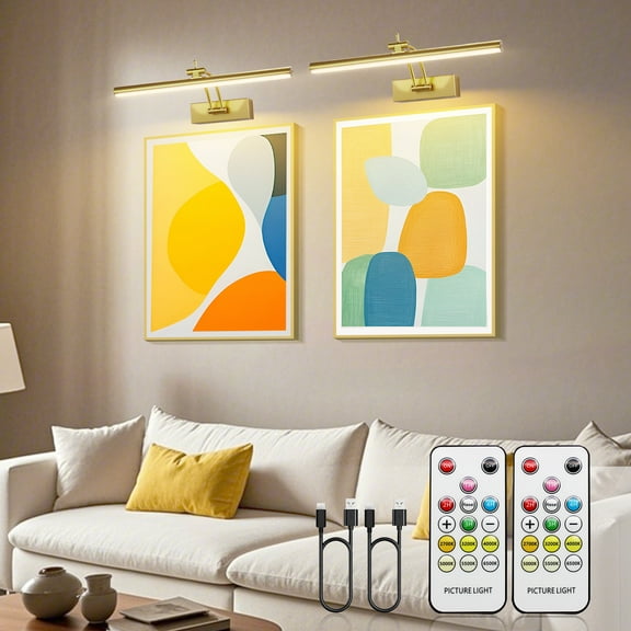 2 Pack Picture Light Battery Operated for Wall Rechargeable 5200mAh, Wireless LED Art Light with Remote, 16" Dimmable Painting Light, Display Gallery Lighting, Gold