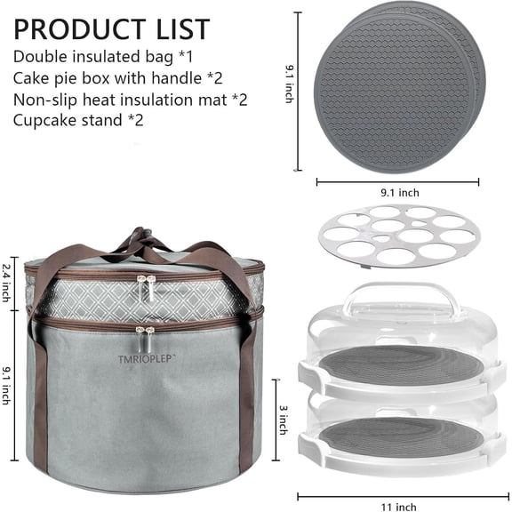 2 Pack Pie  with Lids and Handles, Loadable Cupcake or Pizza Storage Containers, Includes Insulated Bags and Insulated Non-Slip Pads, Perfect for Transportation ()