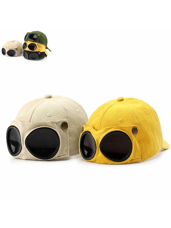 2 Pack Pilot Goggles Baseball Cap, Vintage Aviator Style Hat with Goggle Detail for Travel Outdoor Casual Wear