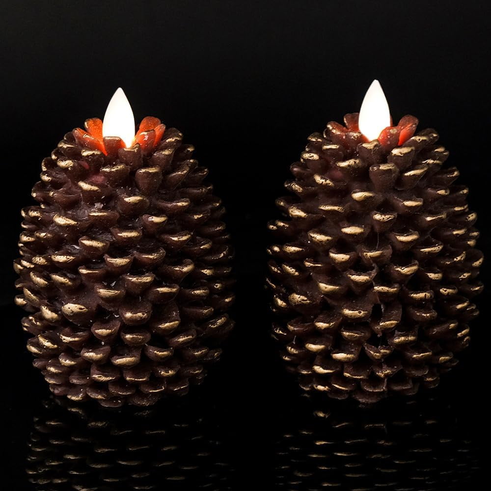 2 Pack Pine Shape Flameless Candles with Timer, Battery Operated Flickering Wick Pine Cone Candles for Holiday Indoor Christmas Decoration, Brown with Gold