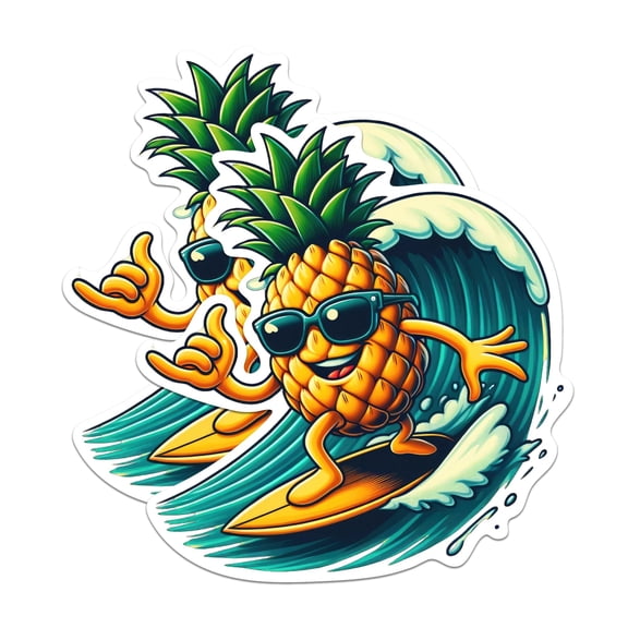(2 Pack) Pineapple Surfing Wave Stickers - Aloha Beach Bum Surfer Ocean Lover Sticker - 5 Inches On Longest Side - Premium Vinyl - for Cars, Trucks, Skateboards, Laptops - Made in USA - BMCS0590