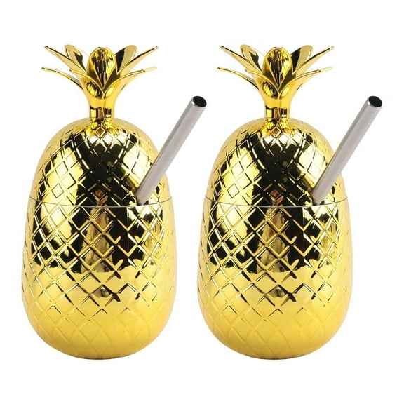 2 Pack Pineapples Drink Cups, 450Ml Gold Pineapples with Stretched Straw, Hawaiian Luau Party Cups