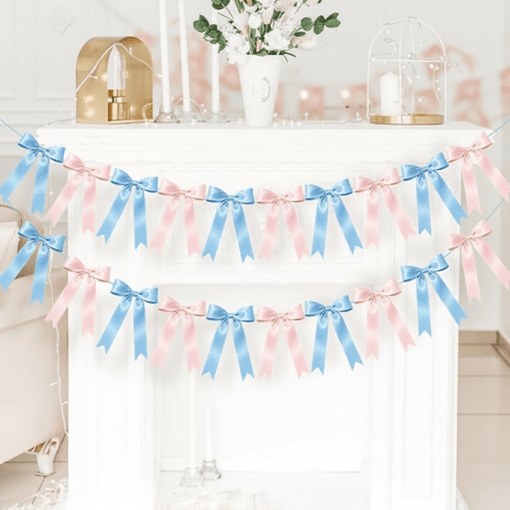 2 Pack Pink and Blue Satin Ribbon Garland Banner for Gender Reveal Parties, Baby Showers, Weddings and Birthday Celebrations with Pre-Strung Bows and Decorative Accents