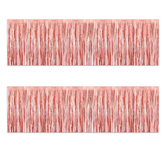 2 Pack Pink Foil Fringe Table Skirt, 108" x 30" Metallic Tinsel Table Skirt with Self-Adhesive Backing for Party, Birthday, Wedding, Bachelorette, Holiday Table Decoration