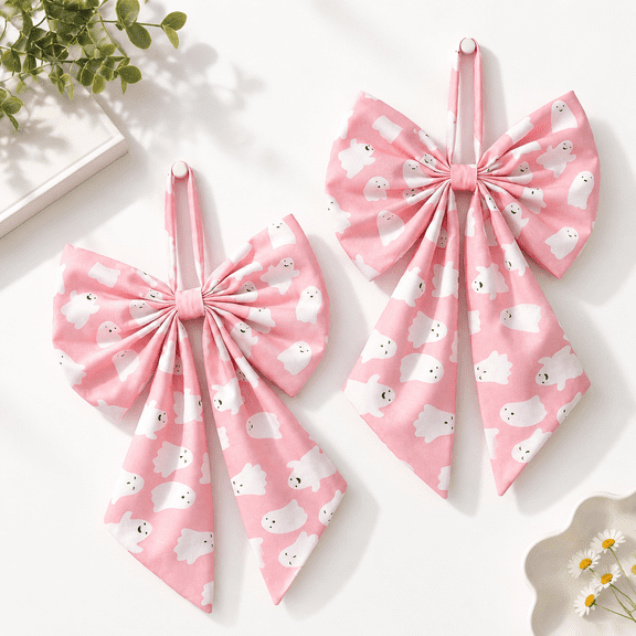 2 Pack Pink Ghost Wreath Bows, 12" x 20" Large Fabric Decorative Bows